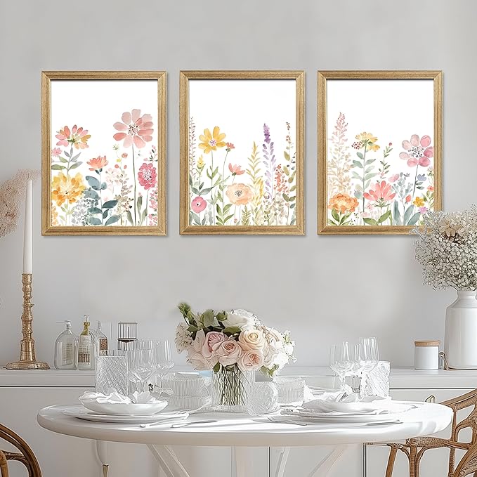 Colorful Flower Frame Wall Art Set Watercolor Flower Wall Art Multicolor Botanical Art Prints Wildflower Painting Printing Suitable for living room, bedroom, bathroom, 12x16 inch 3 piece set