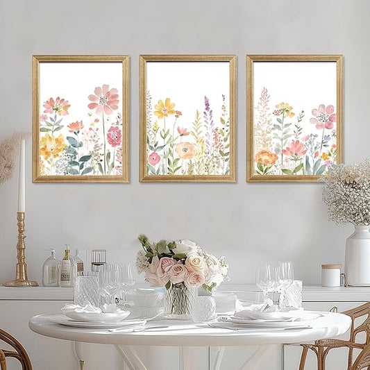 Colorful Flower Frame Wall Art Set Watercolor Flower Wall Art Multicolor Botanical Art Prints Wildflower Painting Printing Suitable for living room, bedroom, bathroom, 12x16 inch 3 piece set