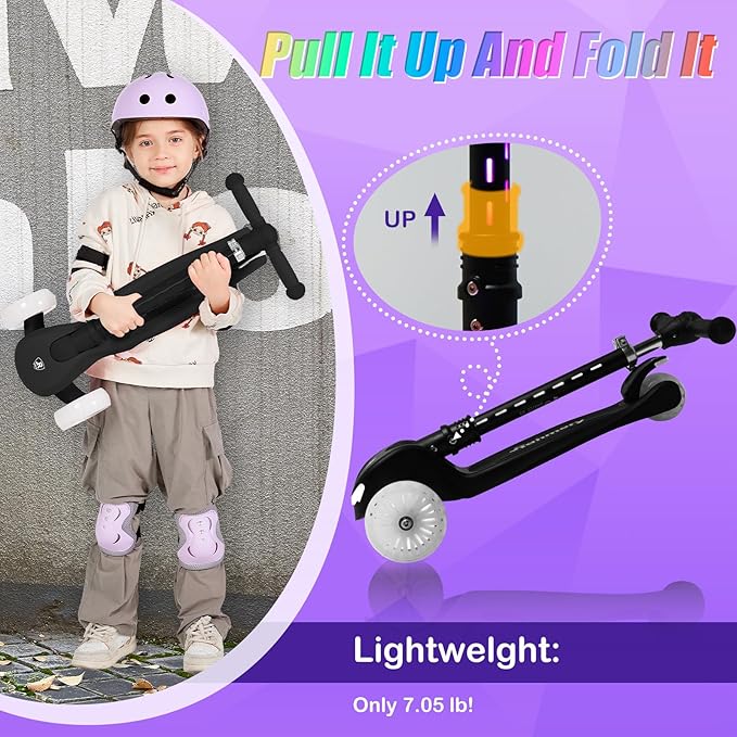 Light-Up Scooter for Kids 3-8,20 Dynamic Light Patterns for Evening Play Safety - Lean-to-Steer Kick Scooter with Adjustable Handlebar (Grows with Child) - Gift for Boys & Girls