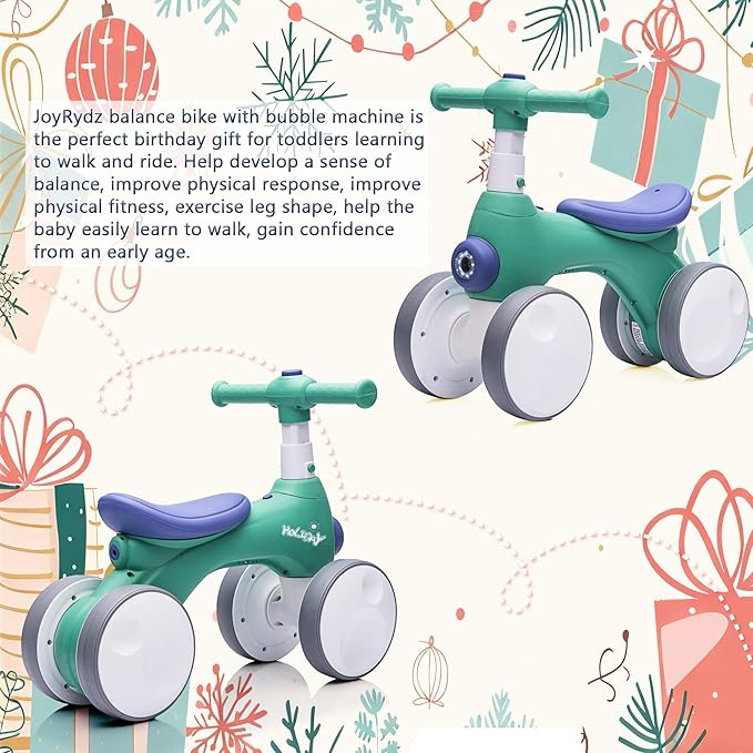 Baby Balance Bike 1 Year Old with Music, Lights, Bubble Machine, 4 Wheels Pedal-Less Toddler Ride on Toys for 12-36 Months Birthday Gift, Toddler boy Toys Ride on car （Dark Green&Blue）