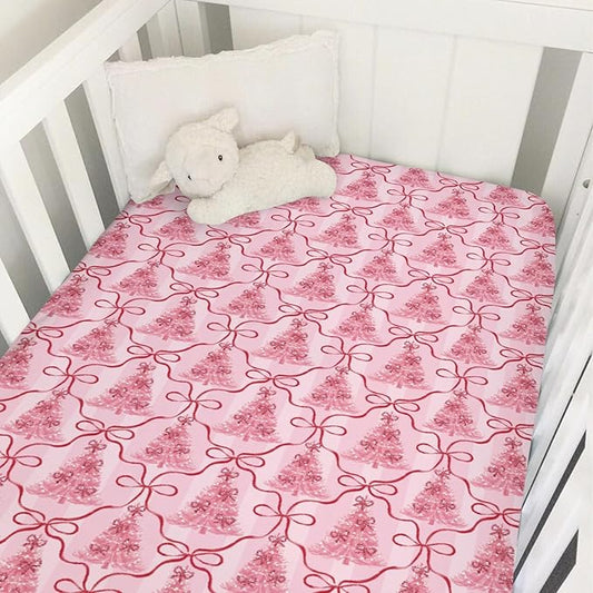 Preppy Pink Trees Bows Christmas Baby Crib Sheets for Girls Pink Christmas Trees Ribbon Soft Snug Fitted Crib Mattress Covers for 52''x28'' Standard Crib & Toddler Mattress Holiday Winter Baby Sheets