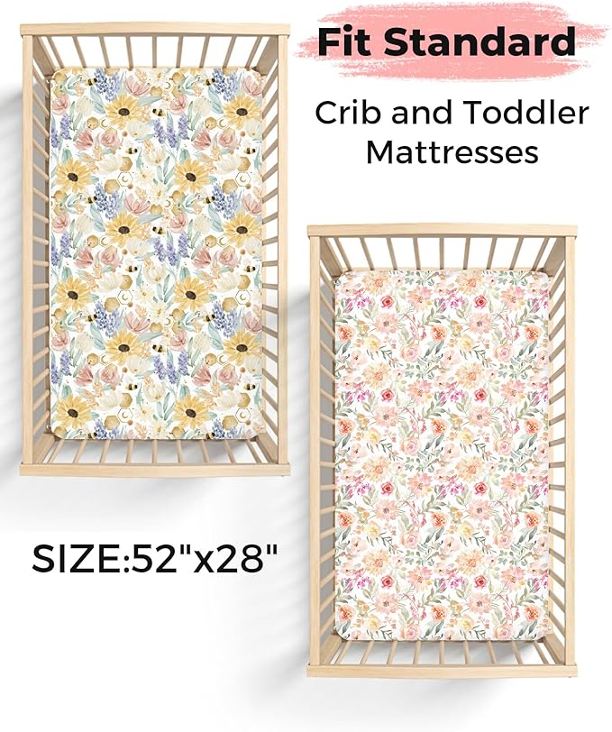 Crib Sheets for Boys and Girls, 2 Pack Fitted Baby Sheets for Standard Toddler Mattress 28" x 52", Soft Breathable Jersey Knit Baby Bedding (Golden Meadow)
