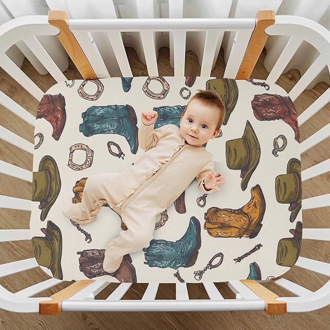 Western Cowboy Boots Vintage Crib Sheets Soft Breathable Fitted Baby Crib Sheets Mattress Cover for Girls Boys 52" x 28" x 9"