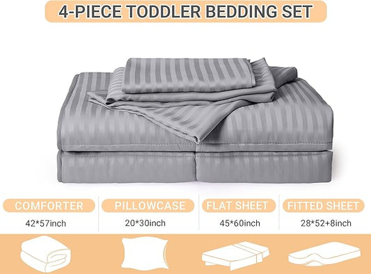 ZPECC Toddler Bedding Set - 4 Piece Hypoallergenic Baby Crib Bedding Set for Boys and Girls, Includes Toddler Comforter, Flat Sheet, Fitted Sheet and Pillowcase, Grey Stripe