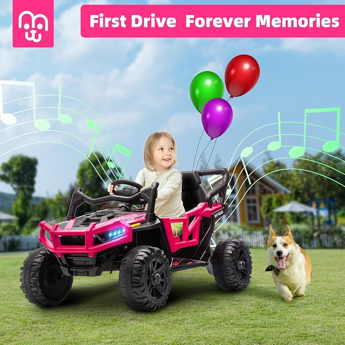 12V Kids Ride on Truck Car with Remote Control, Electric Off-Road UTV for Toddlers, Bluetooth Music, Suspension System Safety Belt, Electric Vehicles Gift for Boys & Girls-Rosy