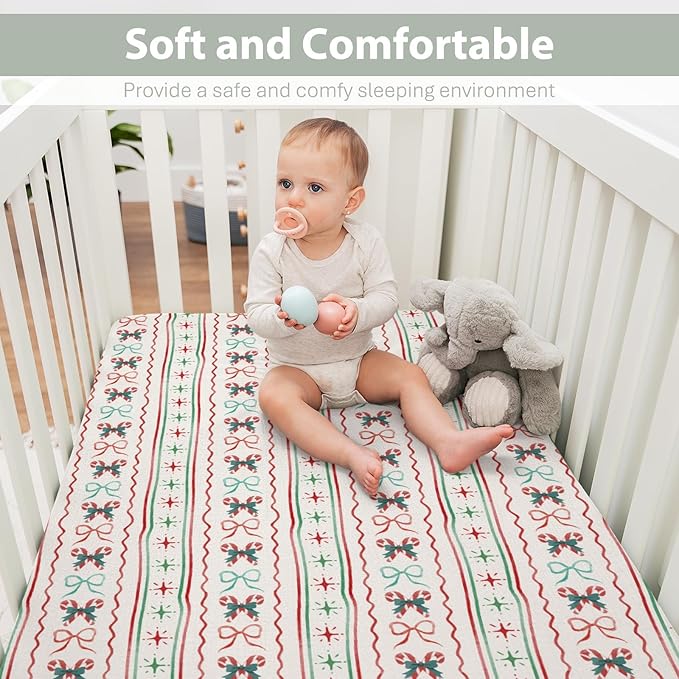 Red and Green Christmas Candy Stripes Bows Baby Crib Sheets for Boy Girl 52x28Inch Winter Christmas Soft Snug Fitted Crib Mattress Cover Festive Holiday Baby Sheet for Standard Crib & Toddler Mattress