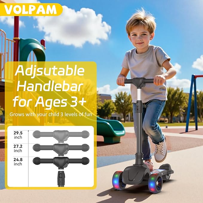 VOLPAM C001 Electric Scooter for Kids, 80W Motor, Max Safe Speed 5MPH, 3 Adjustable Height, Lean-to-Steer, 3.5" Lighted Up Wheel, Foldable Scooter for Boys & Girls, Max Load 110lbs