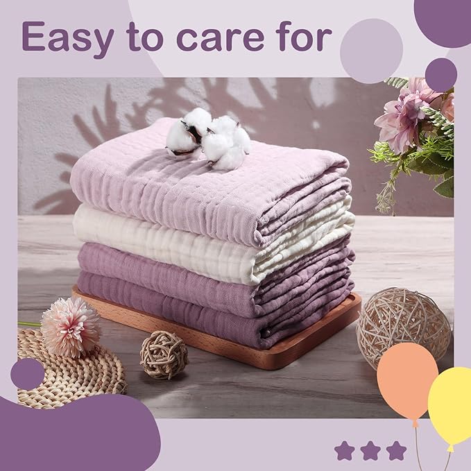 Peryiter 4 Pcs Muslin Hooded Baby Towels, 32x 32'' Cotton Newborn Bath Towel Muslin Infant Baby Blankets Absorbent Unisex Christmas Registry Gift Essentials for Girls Boys (Purple Series)