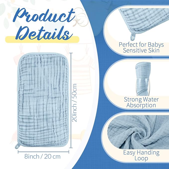 VitalCozy 6 Pcs Baby Muslin Hooded Bath Towels and Washcloths Muslin Cotton Hooded Baby Towels Absorbent Blankets for Gift Newborn Infant Shower (35 x 35 Inch,Mint Blue,Sky Blue)