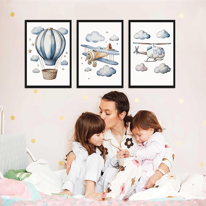 Baby Boy Nursery Wall Art Set of 3, Vintage Blue Travel Boys Room Wall Decor Paintings, Toddler Hot Air Balloon Plane Helicopter Posters Prints Pictures for Kids Room Bedroom 16x24 Inch Wood Framed