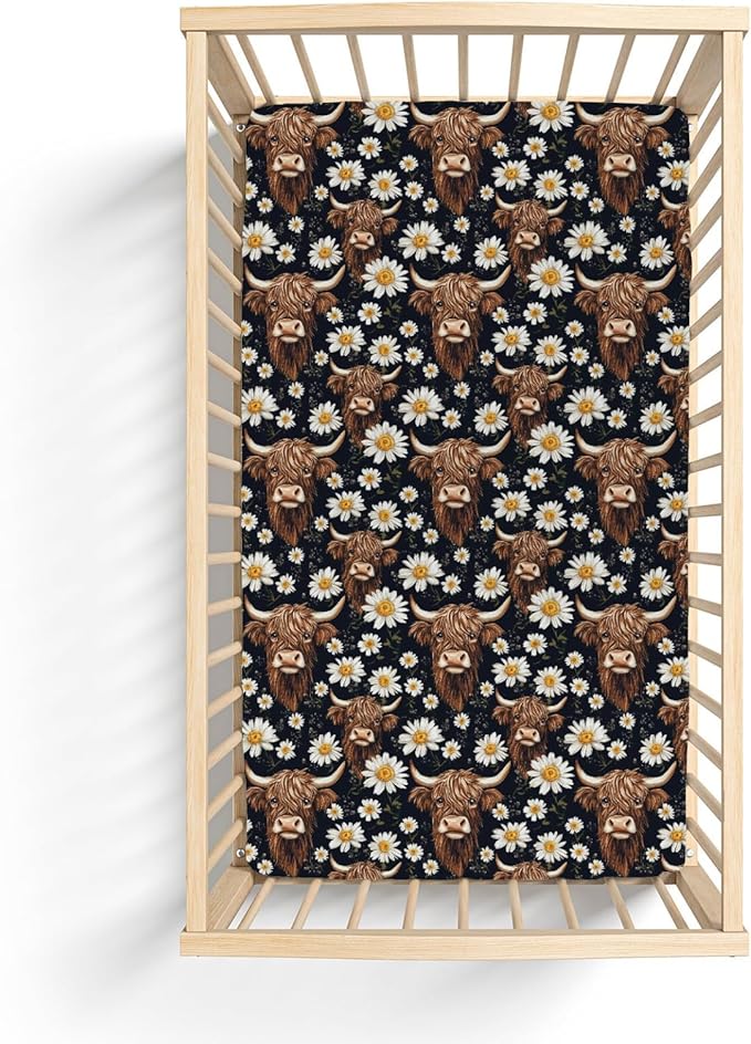 Vintage Highland Cows Daisy Baby Crib Sheets for Boy Girl 52x28Inch Retro Highland Yak Boho Floral Soft Stretchy Fitted Crib Mattress Cover Farm Baby Sheet for Standard Crib and Toddler Bed Mattress