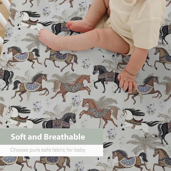 Vintage Horses Baby Crib Sheets for Boy Girl 52x28Inch Retro Arabian Horses Palm Trees Soft Stretchy Fitted Crib Mattress Covers Horse Lovers Baby Sheet Fits Crib and Toddler Bed Mattresses Gray