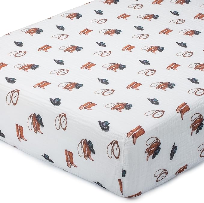 LollyBanks Fitted Crib Sheet for Boys 1 Pack, 100% Cotton Muslin Crib Sheets, Soft and Breathable Baby Sheet for Standard 52 x 28 Inches Mattress, Baby Bedding Essentials for Registry (Cowboy Print)