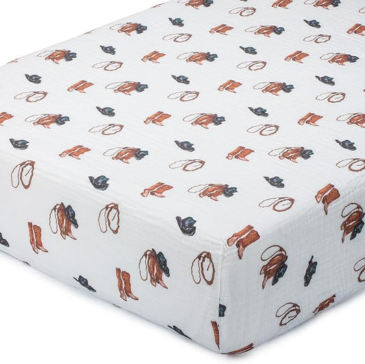 LollyBanks Fitted Crib Sheet for Boys 1 Pack, 100% Cotton Muslin Crib Sheets, Soft and Breathable Baby Sheet for Standard 52 x 28 Inches Mattress, Baby Bedding Essentials for Registry (Cowboy Print)