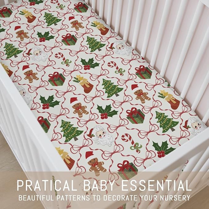 Santa Christmas Bows Baby Crib Sheets for Boy Girl Retro Christmas Trees Stockings Fir Gifts Soft Snug Fitted Crib Mattress Covers for 52x28 Standard Crib & Toddler Mattress Winter Baby Sheets