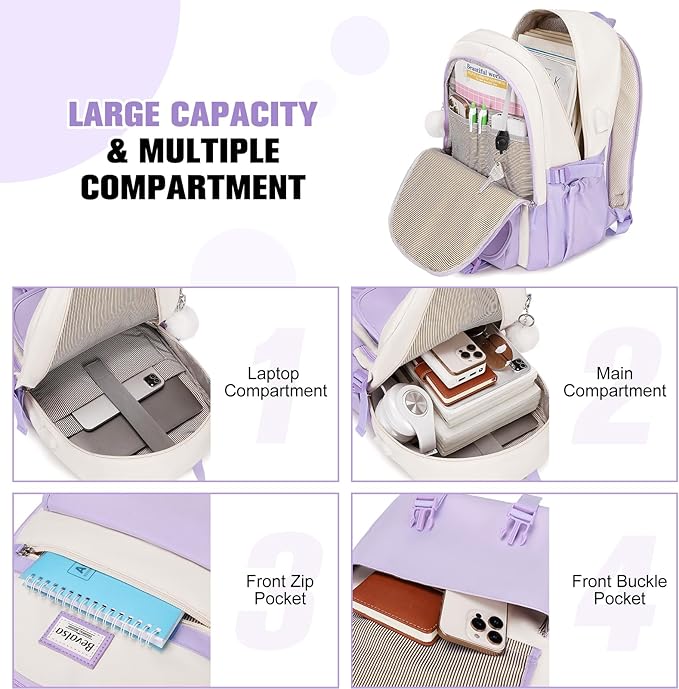 Bevalsa Backpack for Girls, School Backpacks for Girls, Kids Backpack with Lunch Box & Pencil Pouch for Teens Girl Kids Elementary Middle High School College Student Bookbag Daypack (Purple Beige)