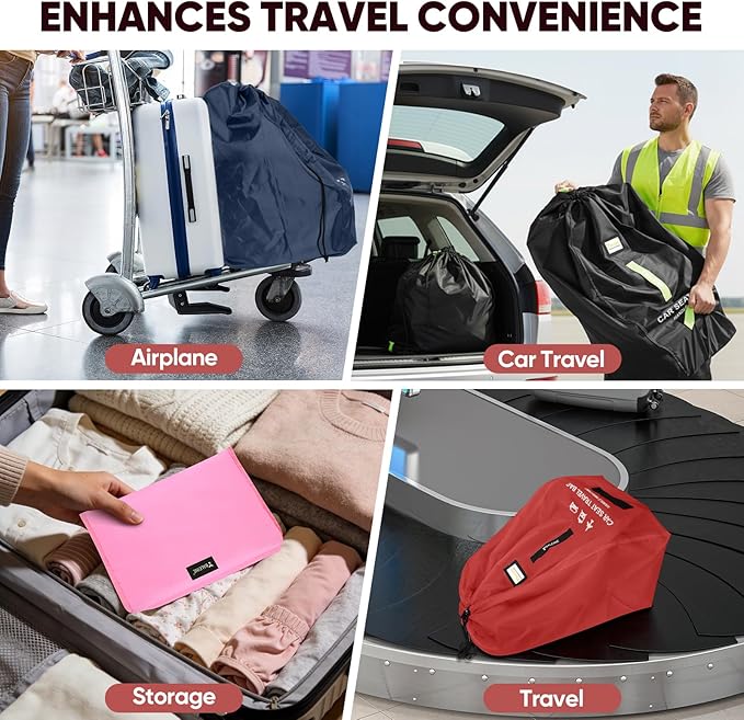 BALEINE Car Seat Travel Bag for Airplane, Water-Resistant Car Seat Bags for Air Travel, Foldable Cover with 3 Handles, Fits Toddler Carseat, Convertible and Booster Seats (Red)