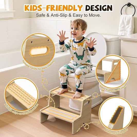 Uiirvdy Step Stool for Toddler, Sturdy Wooden 2-Step Stool with Anti-Slip Surface and Pads for Barthroom, Kitchen, Bedroom, Toilet, and Potty Training - 2 Pack