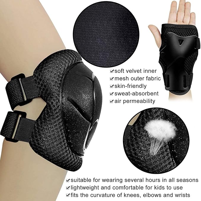 SISIGAD Kids Protective Gear Set, Strap Adjustable Knee Pads and Elbow Pads Wrist Guard 6 in 1, Suitable for Scooter, Skateboarding, Cycling, Skating