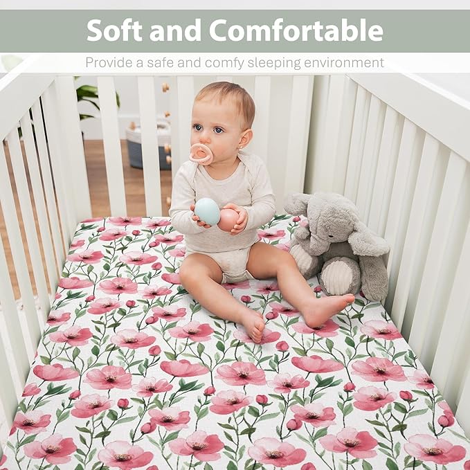 Watercolor Red Poppies Baby Crib Sheets for Boy Girl 28"x52" Vintage Poppies Flowers Soft Stretchy Fitted Crib Mattress Cover Spring Summer Baby Sheet Fits for Standard Crib and Toddler Mattress