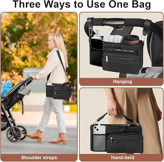 Bjabtan Universal Stroller Organizer with Insulated Cup Holder, Stroller Caddy with Detachable Bag & Shoulder Strap, Stroller Attachment Non-Slip Secure Hooks Accessories Fits Most Strollers