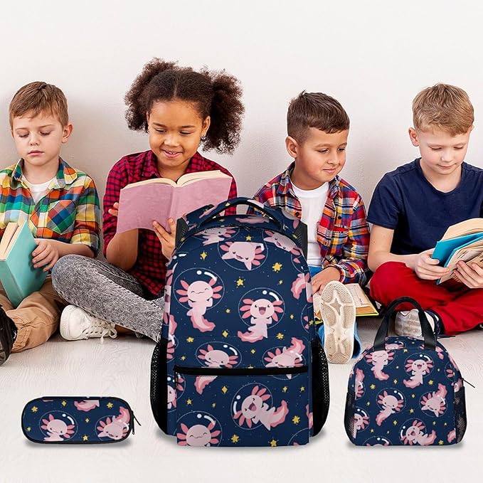 COZYAURA Kids Backpack for Girls - Large Capacity School Bags with Lunch Bag Pencil Pouch Set - Cute Axolotl Bookbag for Elementary Middle School & Travel - Kid School Supplies
