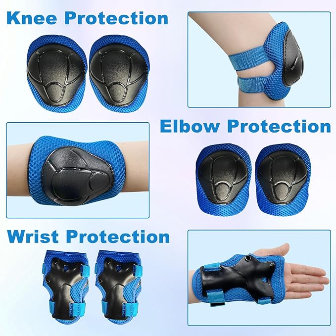 SISIGAD Kids Protective Gear Set, Strap Adjustable Knee Pads and Elbow Pads Wrist Guard 6 in 1, Suitable for Scooter, Skateboarding, Cycling, Skating
