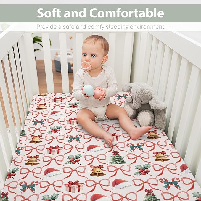 Red and Green Christmas Stripe Baby Crib Sheets for Boy Girl 52"x28" Santa Hat Fir Trees Gift Bows Soft Snug Fitted Crib Mattress Cover Winter Holiday Baby Sheet for Standard Crib & Toddler Mattress