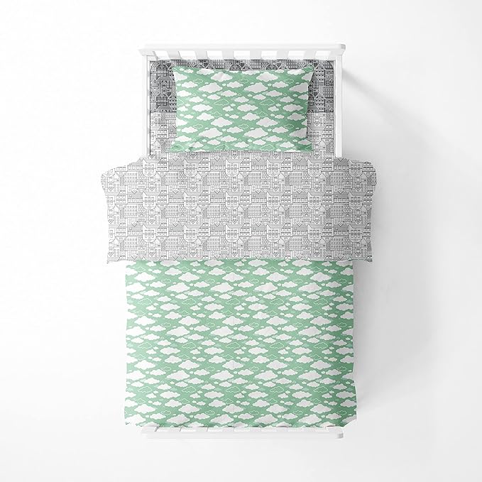 Bacati Clouds in The City 4 Pc Toddler Bedding Set, Mint/Grey