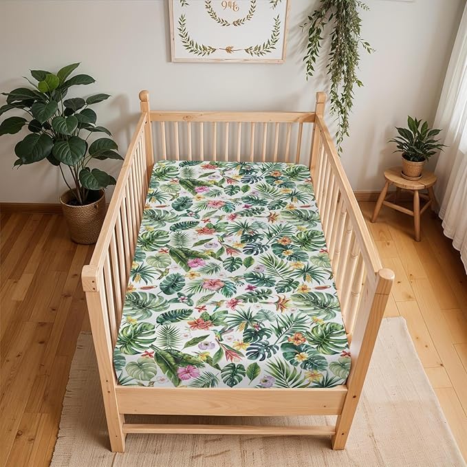 Tropical Flower Leaves Hummingbirds Baby Crib Sheets for Boy Girl 52"x28" Greenery Tropical Jungle Soft Snug Fitted Crib Mattress Cover Boho Summer Baby Sheet for Standard Crib & Toddler Bed Mattress