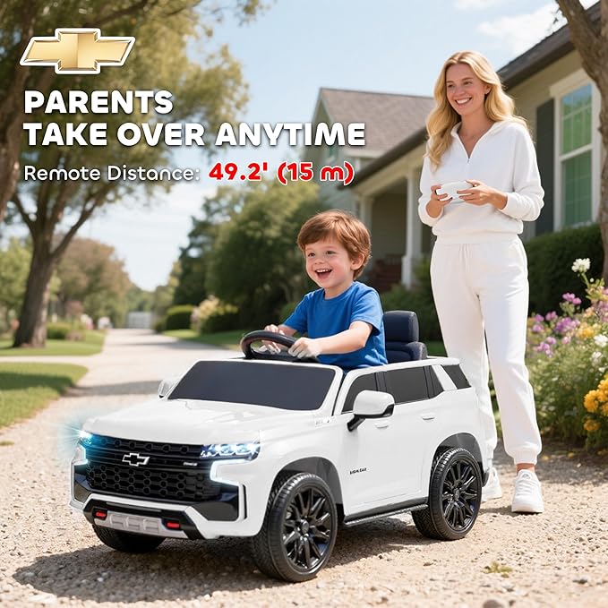 Aosom Licensed Chevrolet Tahoe Ride On Car, 12V 7AH Battery Power Ride On Toy with Parent Remote Control, LED Lights, Music, 4 Wheeler Suspension, 3 Speeds, Kids Electric Vehicle for Aged 3+, White