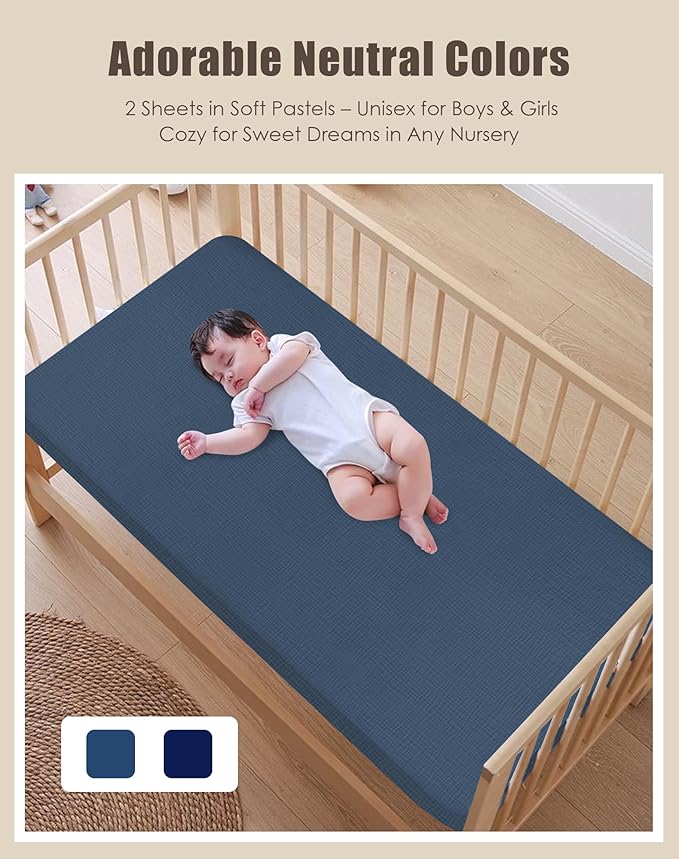 SWEET DOLPHIN 2-Pack Muslin Crib Sheets for Boys & Girls, Ultra Soft Breathable 40S Long-Staple Cotton Fitted Baby Sheets for Standard Crib Mattress 52"x28", Deep Navy- Nursery Essentials