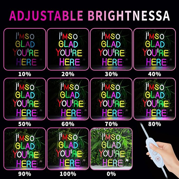 Enuoli I'm So Glad You Here Neon Sign Wall Decor Letter LED Neon Lights Light Up Signs For Kids Room Dimmable Positive Affirmation LED Neon Light Sign Home Business Wall Art Decor