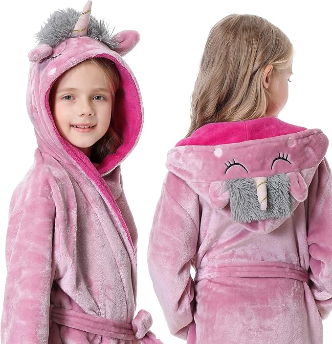 Hooded Herringbone Girl's Fleece Soft Spa Kimono Long Robe,Kids Comfy Sleepwear Bathrobe