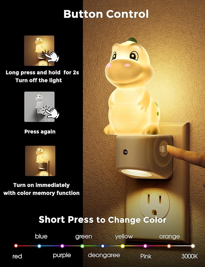 L LOHAS LED Night Light for Kids, 3D Dinosaur Night Light Plug in, Dusk to Dawn Nursery Night Lights, RGB+Soft White 3000K, 3 Lighting Modes, Room Decor, Children
