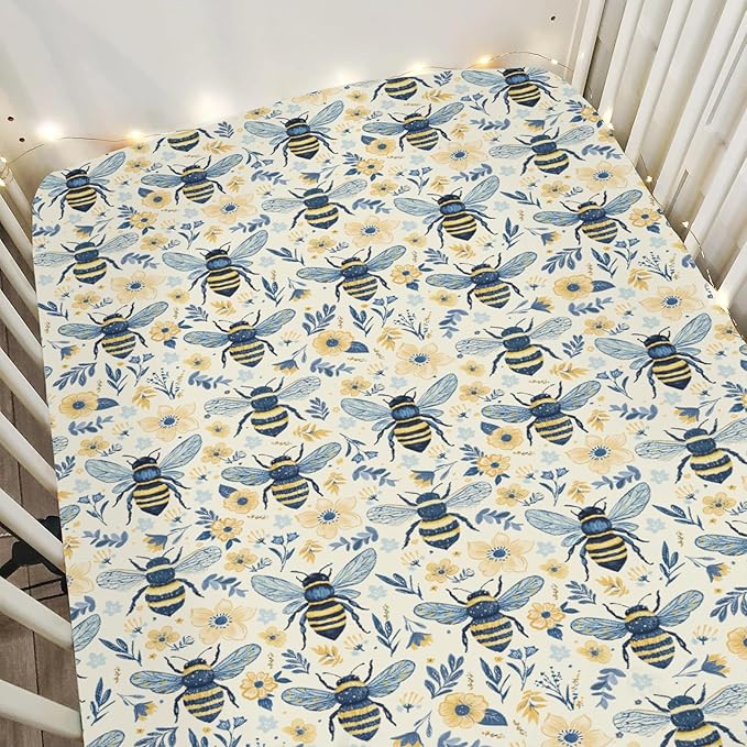 Bees Flowers Baby Crib Sheets for Boy Girl 52"x28" Vintage Bees Boho Wildflowers Soft Stretchy Fitted Crib Mattress Cover Bee Floral Spring Summer Baby Sheet Fits Crib and Toddler Bed Mattresses