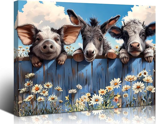 Farm Animals Canvas Wall Art Farmhouse Cow Donkey Pig Pictures Canvas Bathroom Decor Prints Painting,Rustic Animals Framed Artwork for Bedroom Living Room Kitchen Bathroom Decor12 x16