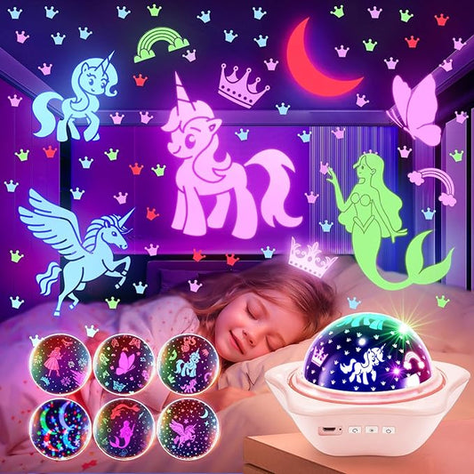 Onefire Christmas Gifts for Girls, 6 Films Light Projector Unicorn Toys for Girls Age 4-6, Rechargeable Night Lights for Bedroom, 360° Rotating Butterfly Decor Mermaid Gifts Princess Baby ToddlerToys