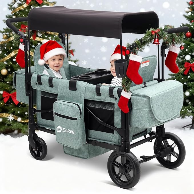 Sekey Wagon Stroller for 2 Kids, Luxury 4-in-1 Stroller Wagon - Premium Quality with Convertible Seats, Adjustable Push Handles, Removable Canopy, Snack Tray & Cooler, US Certified. Green