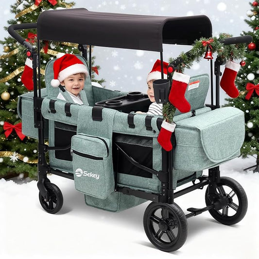 Sekey Wagon Stroller for 2 Kids, Luxury 4-in-1 Stroller Wagon - Premium Quality with Convertible Seats, Adjustable Push Handles, Removable Canopy, Snack Tray & Cooler, US Certified. Green