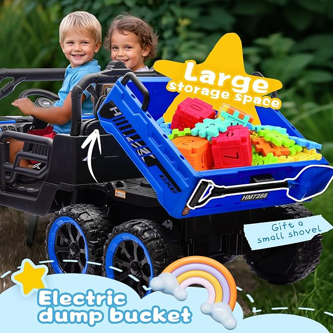 24V 2 Seater 4WD 6x6 Ride On Dump Truck with Remote Control, Ride on Toys for Big Kids with 20inch Seat, 3 Speeds, 4X100 Motors, Music, Ride on Truck for Toddler Boys Girls, Blue