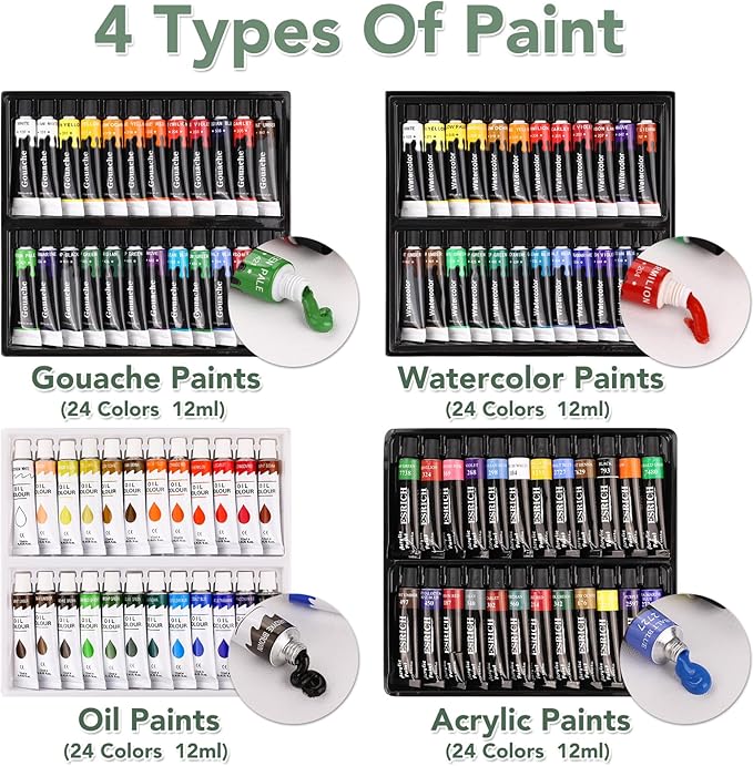 ESRICH 166 Pcs Painting Set, Painting Supplies with 96 Paint(Oil, Watercolor，Gouache & Acrylic Paint) Metal and Wooden Easels, Canvas, Paper Pads, 45 Paintbrushes etc. for Adults, Kids, Artists