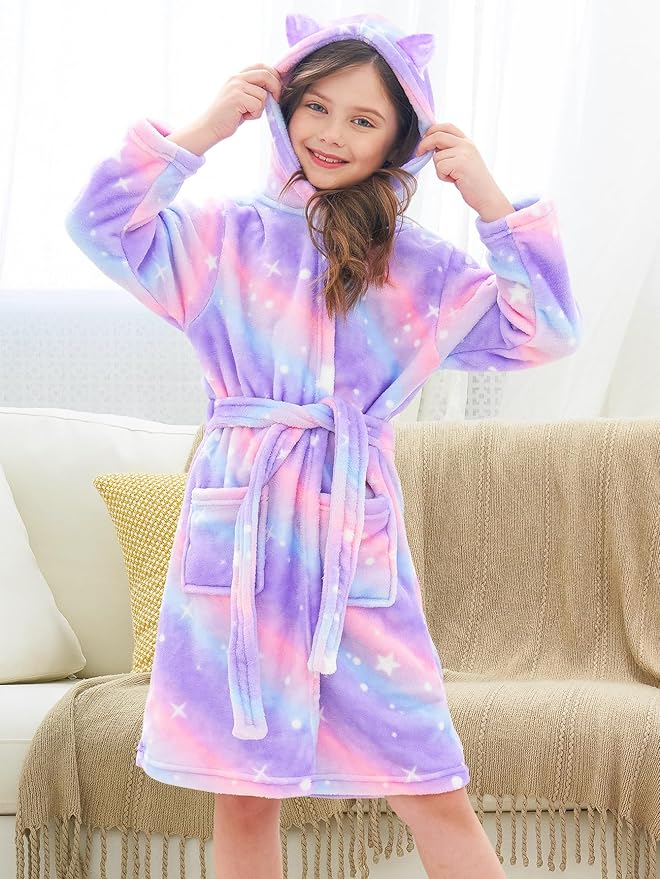 Doctor Unicorn Girls Leopard Cat Robe Kids Fleece Warm Hooded Bathrobe