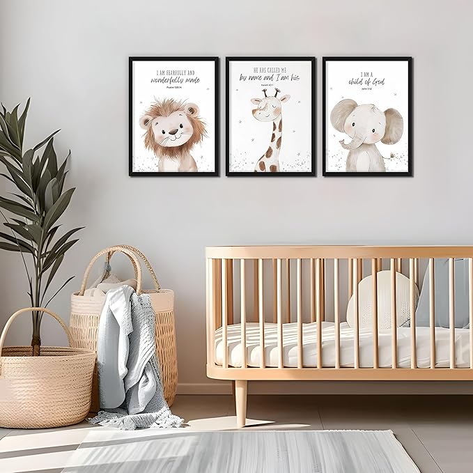 Nursery Wall Art, Kids Bible Verse Animal Canvas Wall Decor Paintings, Cute Safari Christian Pictures Posters Prints for Kids Boys and Girls Room Bedroom 16x24 Inch Wood Framed