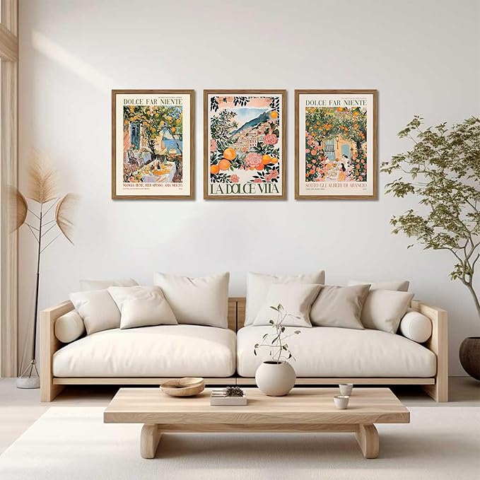 Framed Italian Scenery Wall Art Set of 3, Amalfi Coast Kitchen Wall Art, Vintage City Landscape Canvas Print, Trendy Italian Food Pictures Artwork for Living Room Dining Room – 16x24 inch