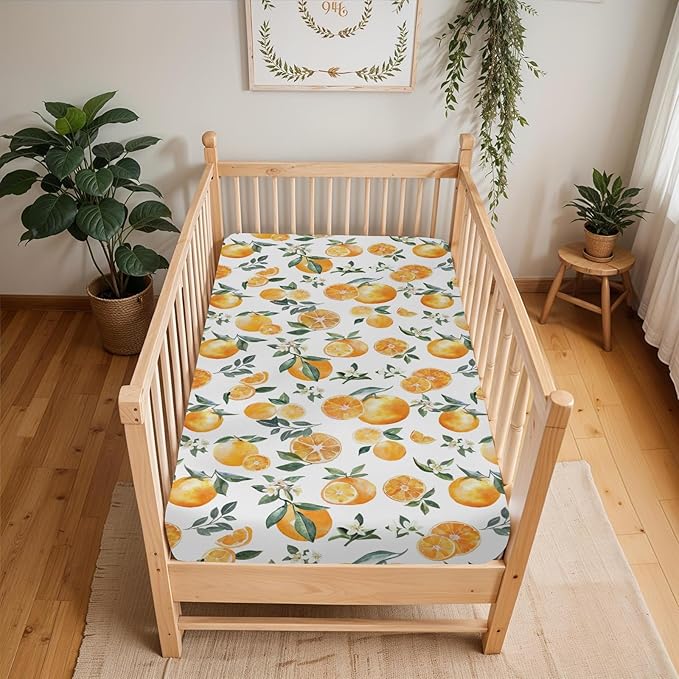 Watercolor Oranges Baby Crib Sheets for Boy Girl 52x28Inch Orange Flowers Leaves Soft Snug Fitted Crib Mattress Cover Summer Citrus Fruits Baby Sheet for Standard Crib & Toddler Bed Mattresses