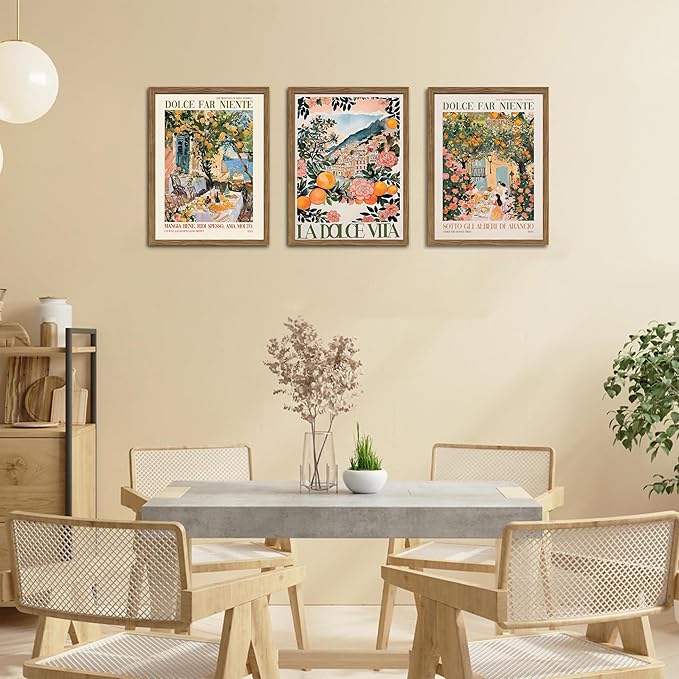 Framed Italian Scenery Wall Art Set of 3, Amalfi Coast Kitchen Wall Art, Vintage City Landscape Canvas Print, Trendy Italian Food Pictures Artwork for Living Room Dining Room – 12x16 inch