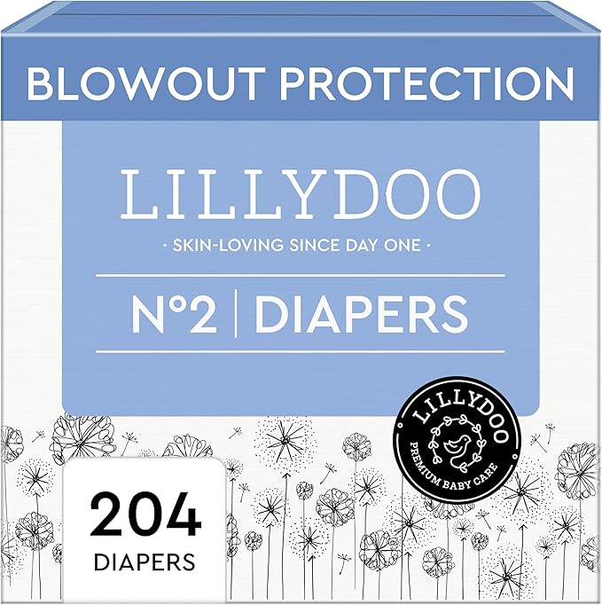 LILLYDOO Baby Diapers - Size 2 (9-18 lbs), Monthly Supply (204 Count), Leak Protection, Skin-Friendly, Ultrasoft, Perfume- & Chlorine-Free, Hypoallergenic, Dermatologist Tested, Oeko-TEX®