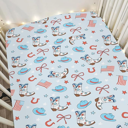 July 4th Western Cowboys Baby Crib Sheets for Boy 52"x28" Cowboy Boots Hat American Flag Stars Bows Soft Snug Fitted Crib Mattress Cover Patriotic Baby Sheet for Standard Crib & Toddler Bed Mattress