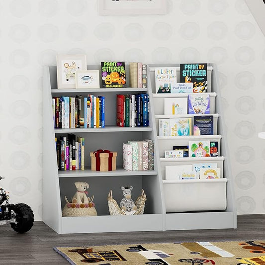 HedoAjim Gray 4 Tier Kids Wooden Bookshelf,Five Layer Sling Toddler Front Facing Bookcase,Baby Kids Storage Book Rack,Book and Toy Organizer Cabinet,Child Book Display Playroom Nursery Bedroom